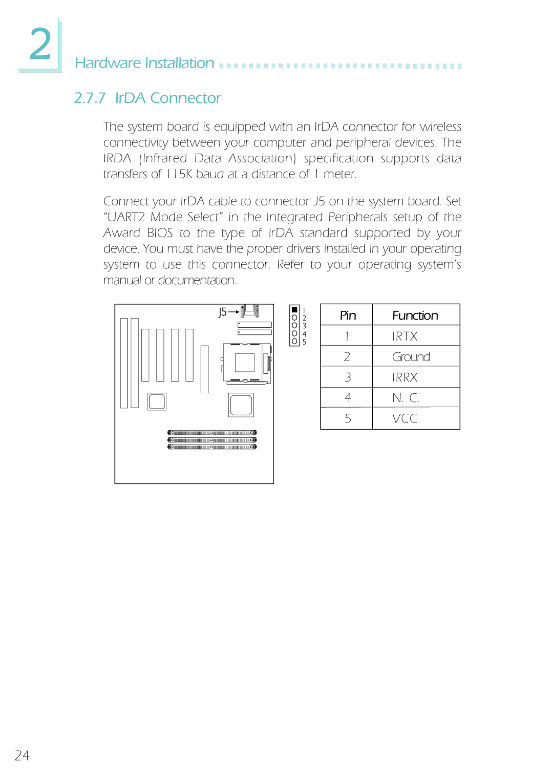 Microsoft System Board, IBUS-BAT-1370 manual Hardware Installation IrDA Connector 