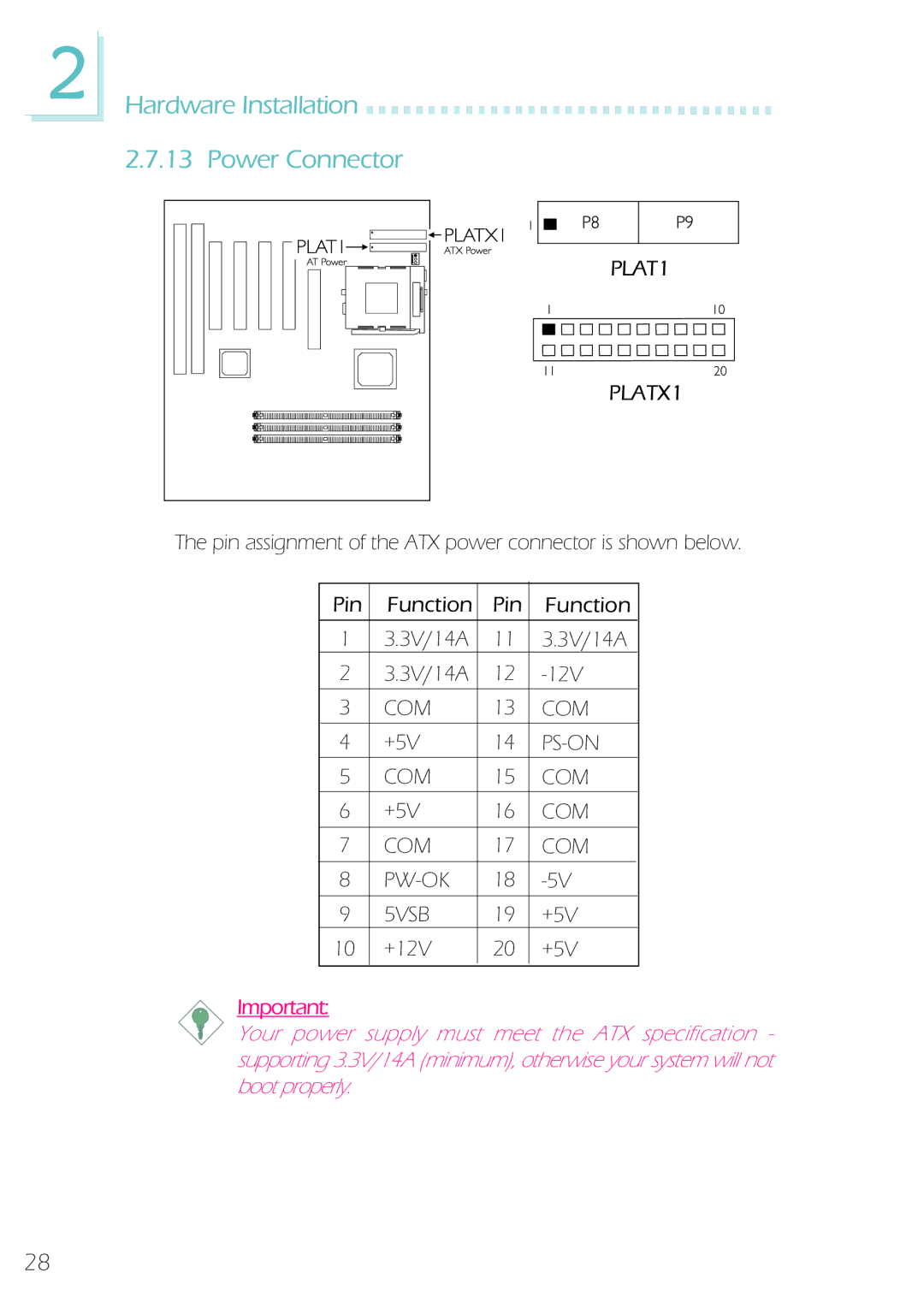 Microsoft System Board, IBUS-BAT-1370 manual Hardware Installation Power Connector, COM PW-OK 5VSB 