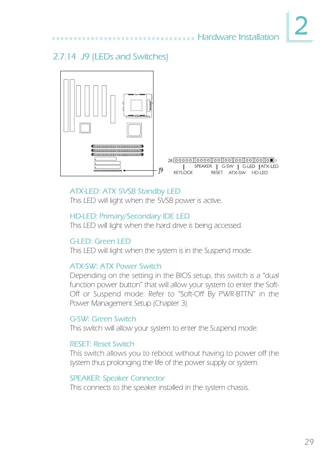 Microsoft IBUS-BAT-1370, System Board manual Hardware Installation 14 J9 LEDs and Switches 