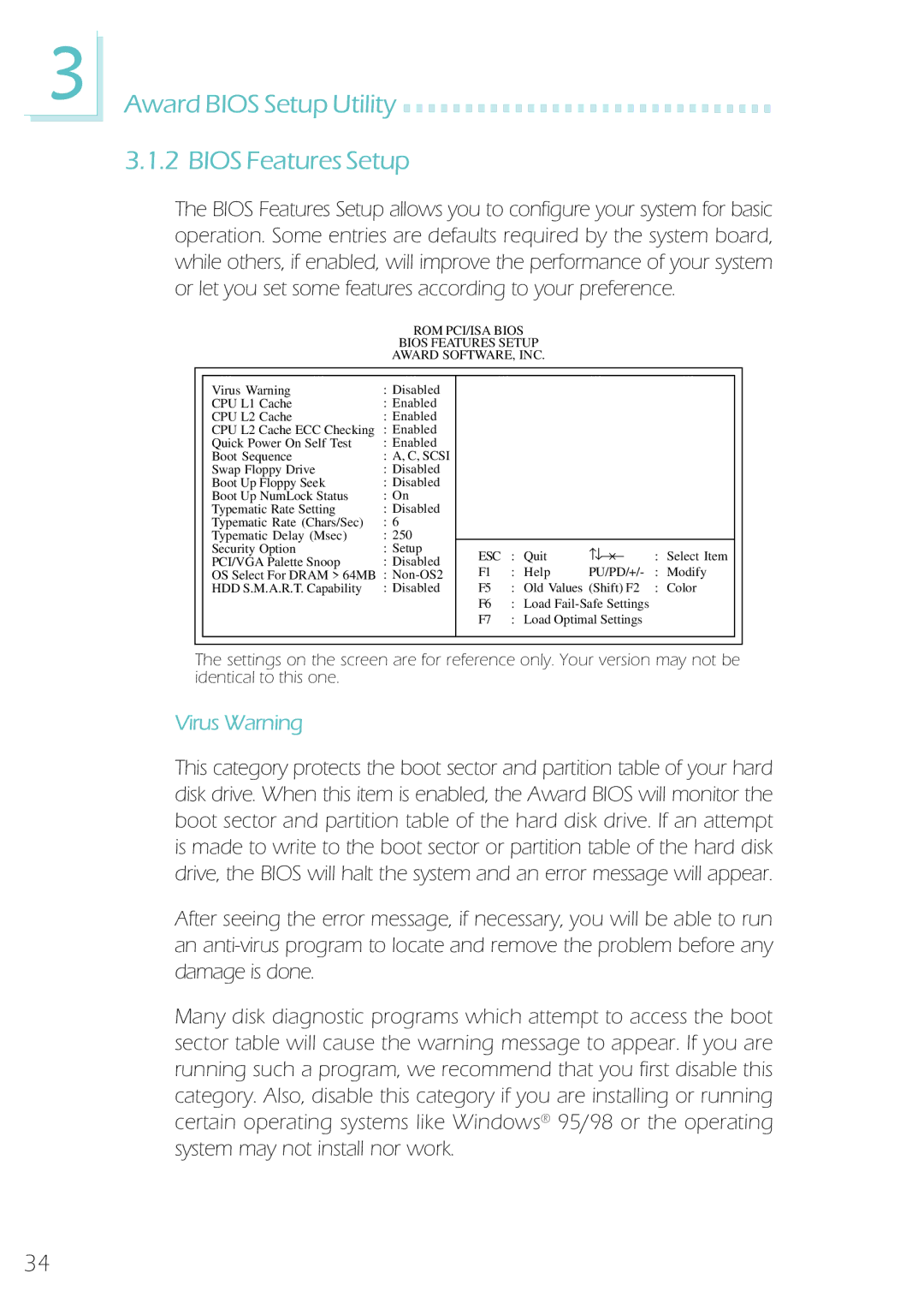 Microsoft System Board, IBUS-BAT-1370 manual Award Bios Setup Utility Bios Features Setup, Virus Warning 