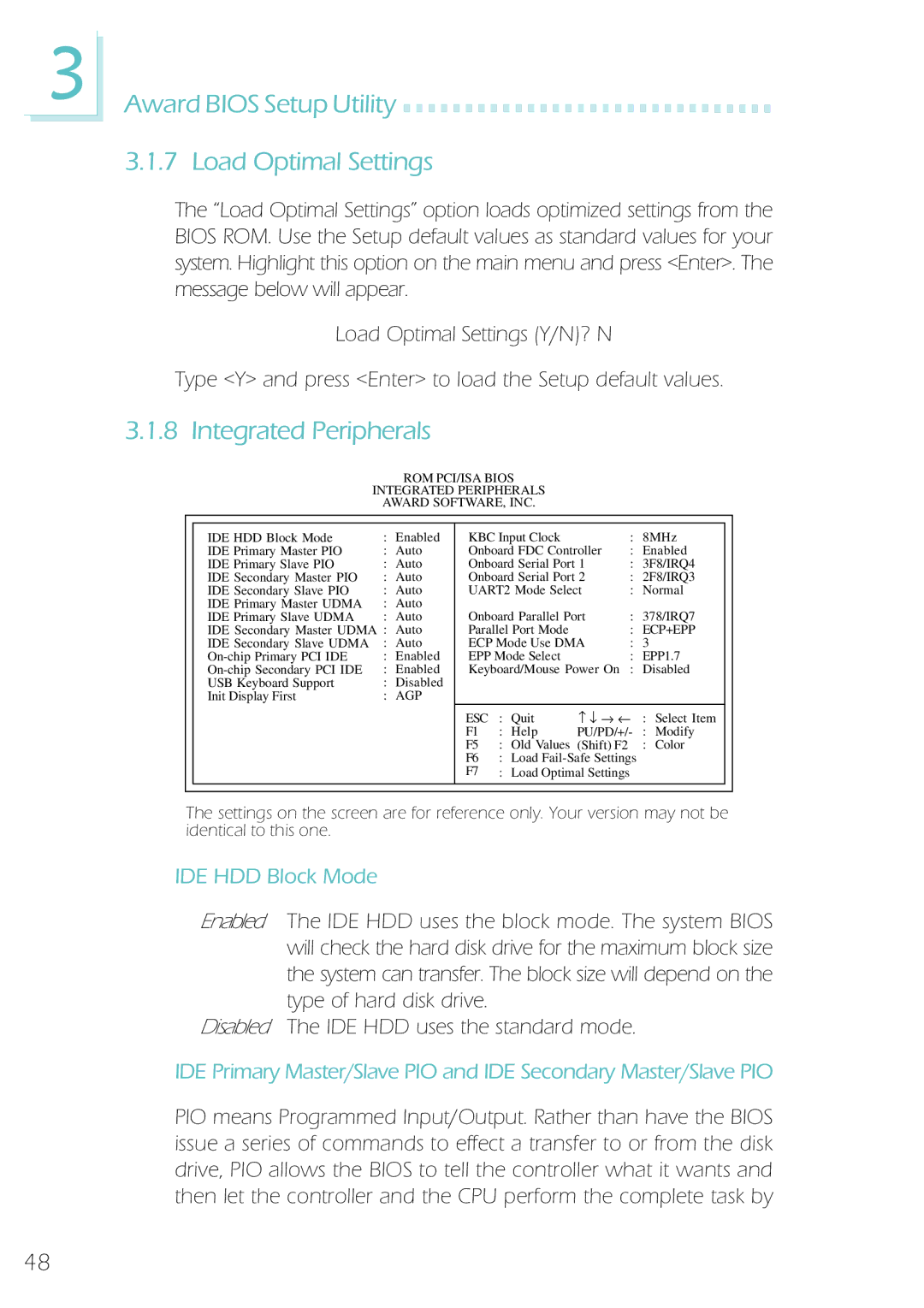 Microsoft System Board manual Award Bios Setup Utility Load Optimal Settings, Integrated Peripherals, IDE HDD Block Mode 