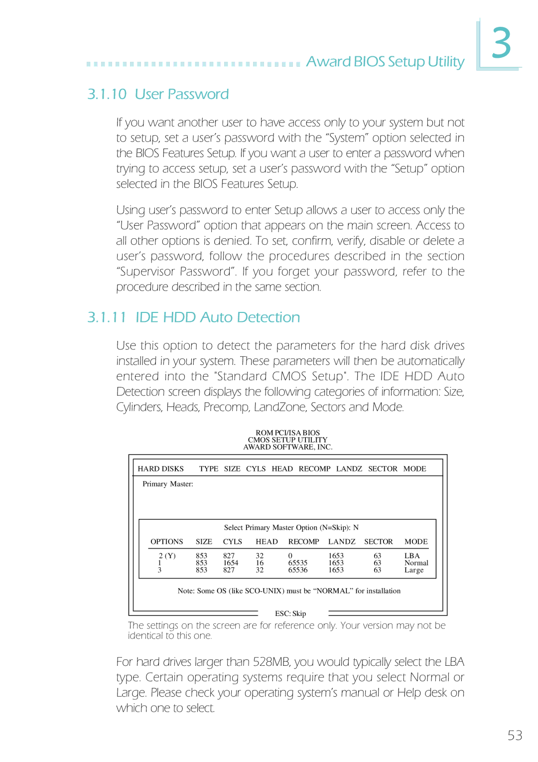 Microsoft IBUS-BAT-1370, System Board manual Award Bios Setup Utility User Password, IDE HDD Auto Detection 