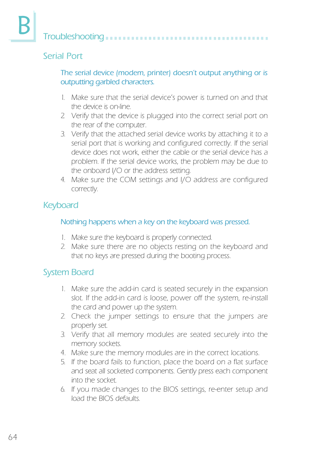 Microsoft System Board, IBUS-BAT-1370 manual Troubleshooting Serial Port, Keyboard 