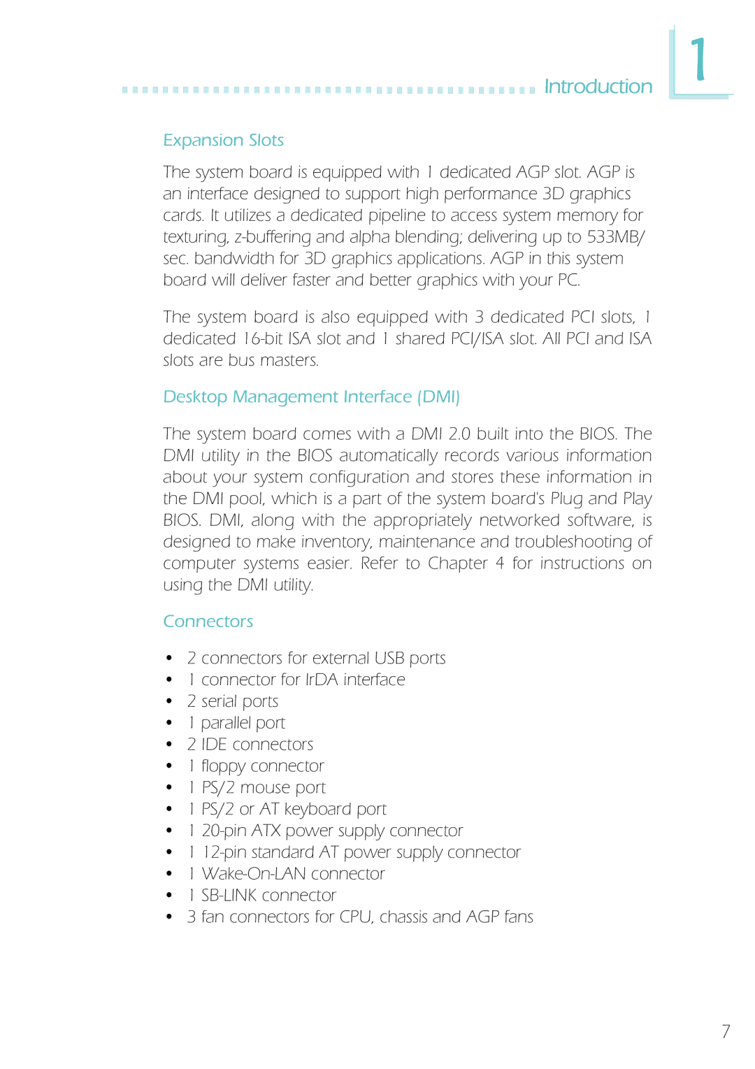 Microsoft IBUS-BAT-1370, System Board manual Introduction, Expansion Slots, Desktop Management Interface DMI, Connectors 