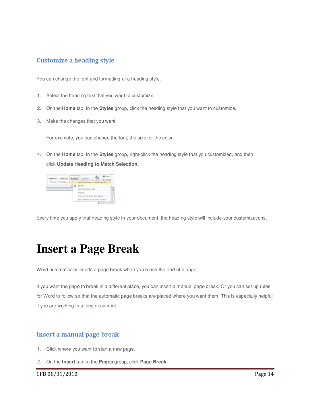 Microsoft 269-14457, T5D-00295, 79G-02020 Insert a Page Break, Customize a heading style, Insert a manual page break 