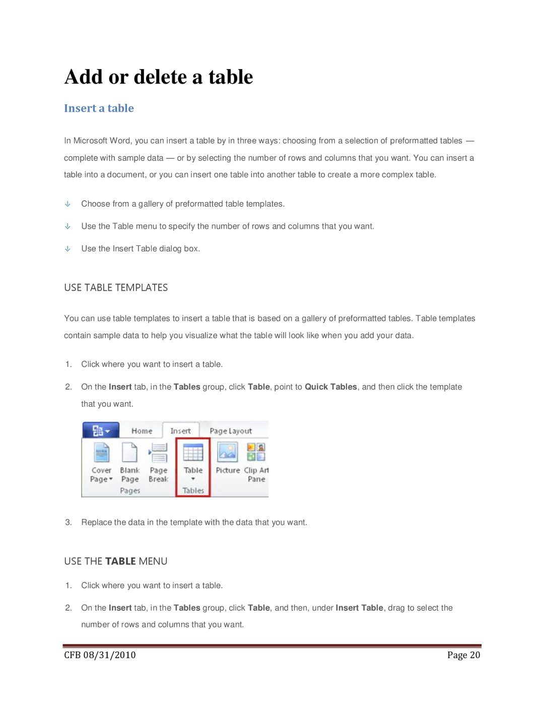 Microsoft T5D-00295, 79G-02020, 269-14457 Add or delete a table, Insert a table, USE Table Templates, USE the Table Menu 