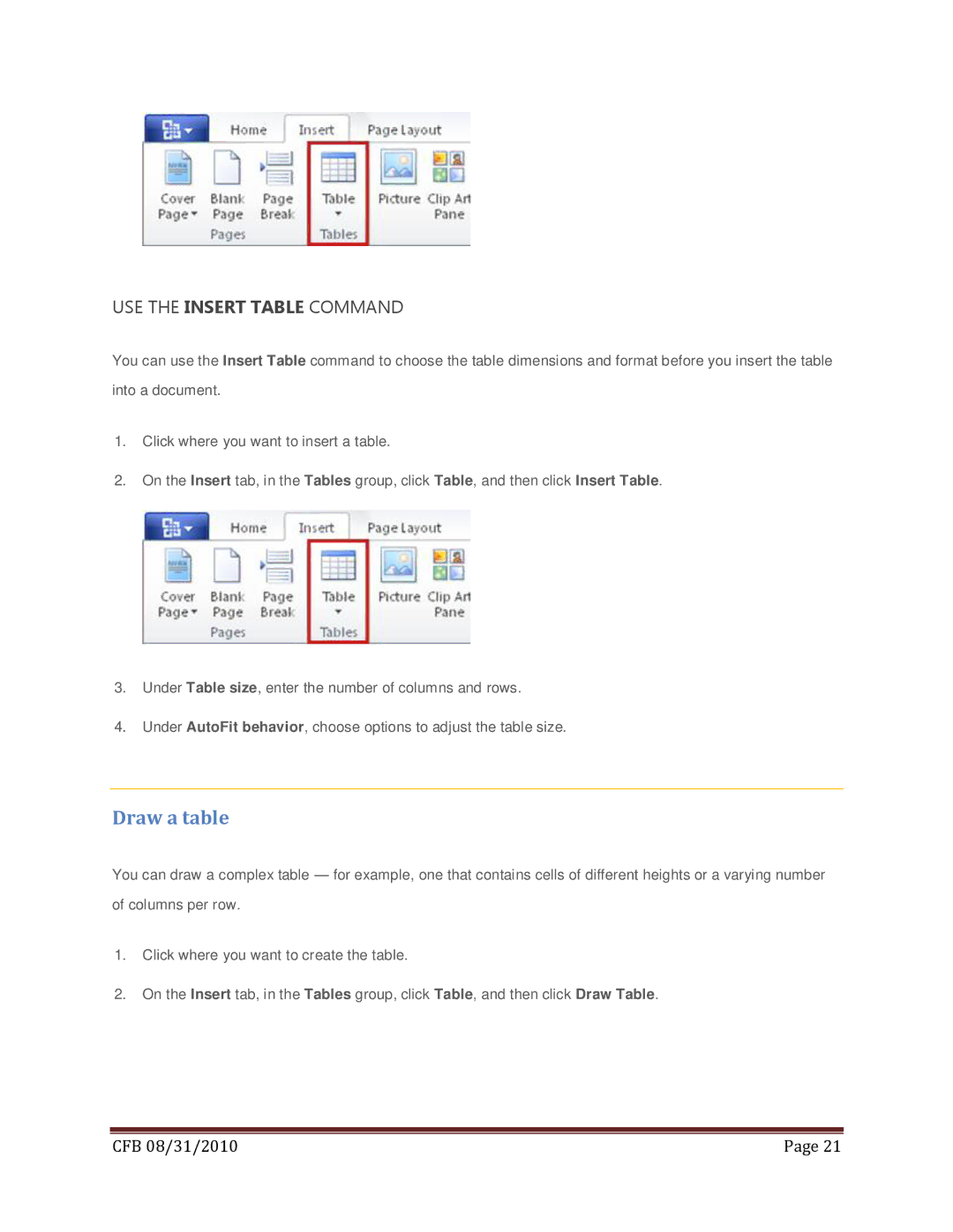 Microsoft 79G-02020, T5D-00295, 269-14457, 269-14834 manual Draw a table, USE the Insert Table Command 