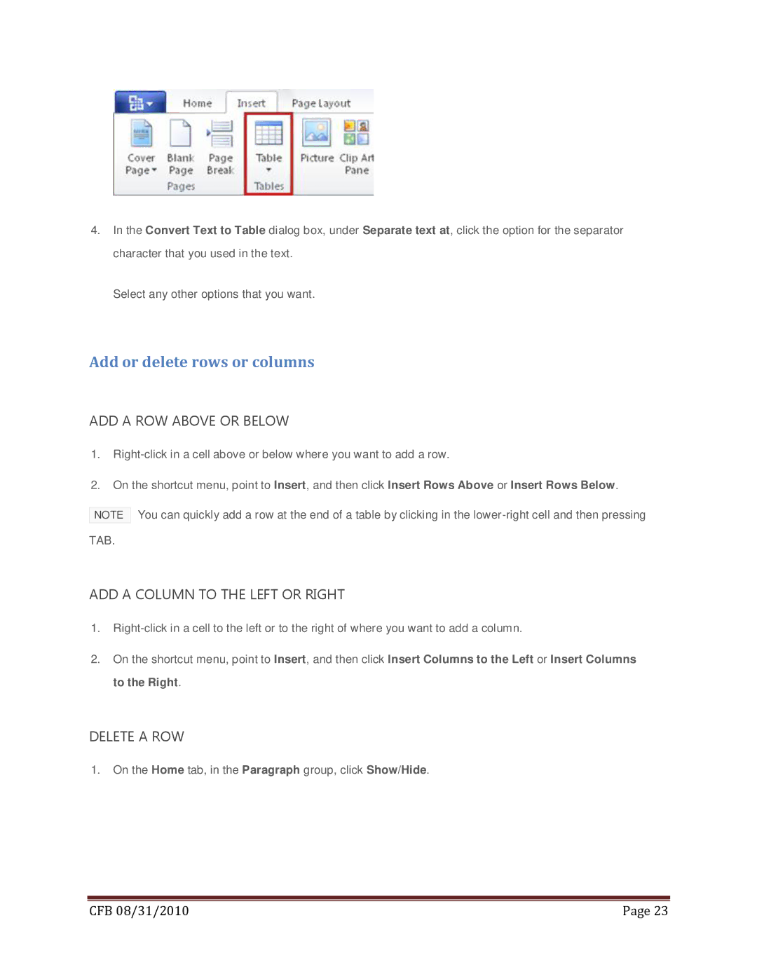 Microsoft 269-14834, T5D-00295 Add or delete rows or columns, ADD a ROW Above or below, ADD a Column to the Left or Right 