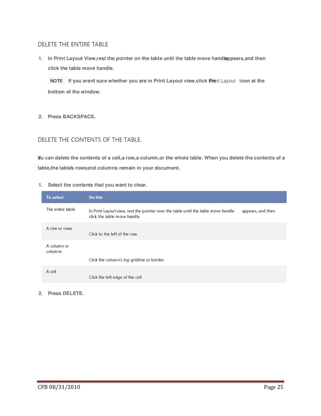 Microsoft 79G-02020, T5D-00295, 269-14457, 269-14834 manual Delete the Entire Table, Delete the Contents of the Table 