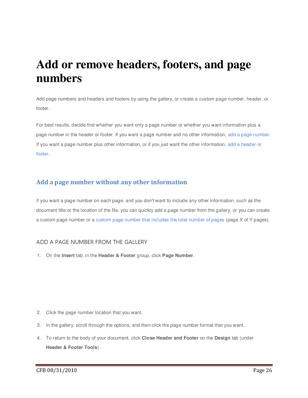 Microsoft 269-14457 Add or remove headers, footers, and page numbers, Add a page number without any other information 