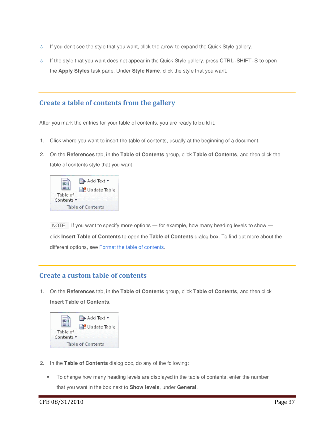 Microsoft 79G-02020, T5D-00295, 269-14457 Create a table of contents from the gallery, Create a custom table of contents 