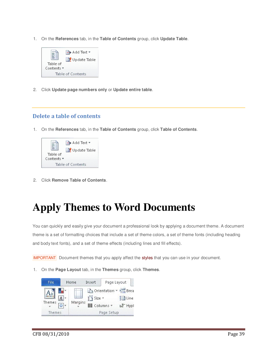 Microsoft 269-14834, T5D-00295, 79G-02020, 269-14457 manual Apply Themes to Word Documents, Delete a table of contents 