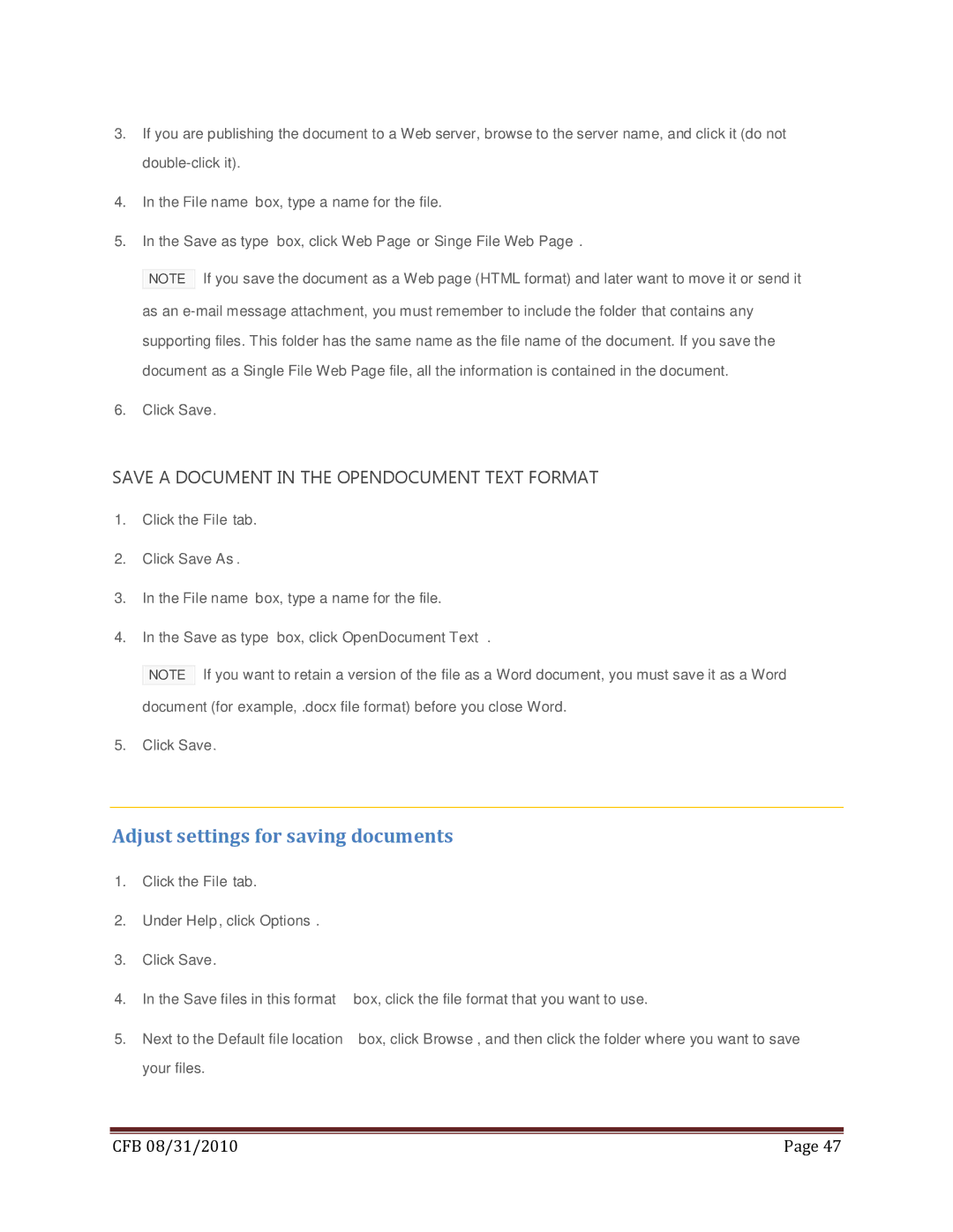 Microsoft 269-14834, T5D-00295 manual Adjust settings for saving documents, Save a Document in the Opendocument Text Format 