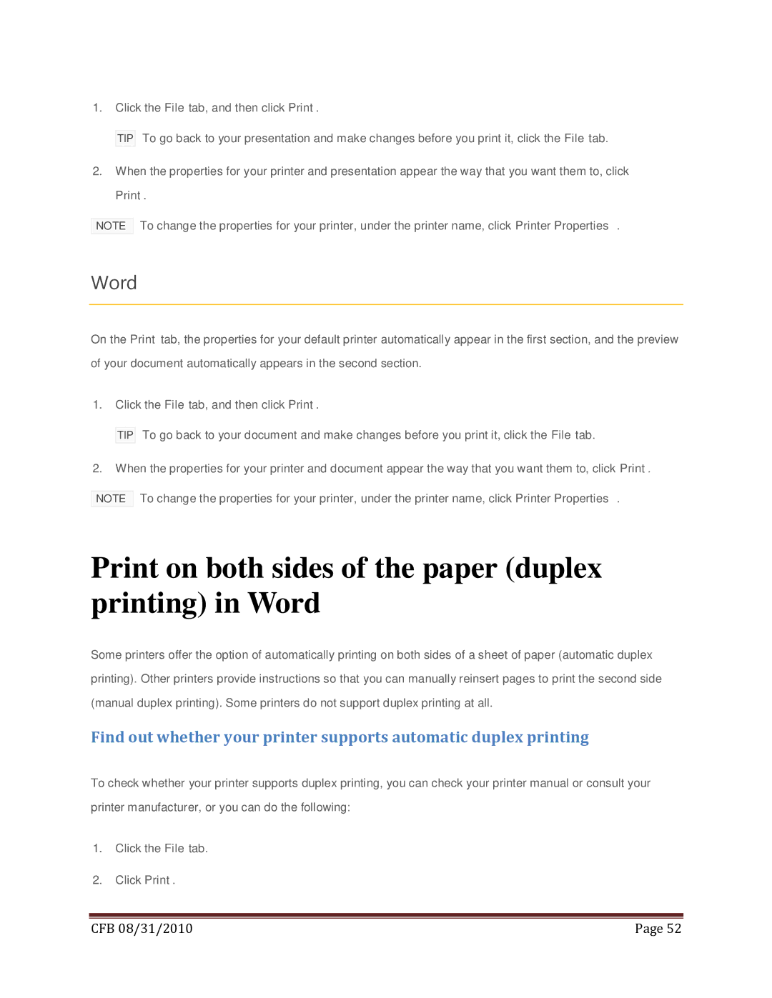 Microsoft T5D-00295, 79G-02020, 269-14457, 269-14834 manual Print on both sides of the paper duplex printing in Word 