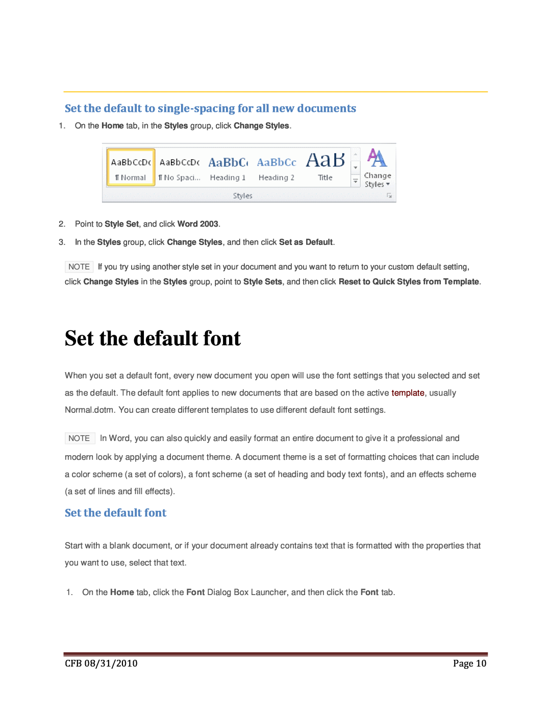 Microsoft 269-14457 Set the default font, Set the default to single-spacing for all new documents, CFB 08/31/2010, Page 