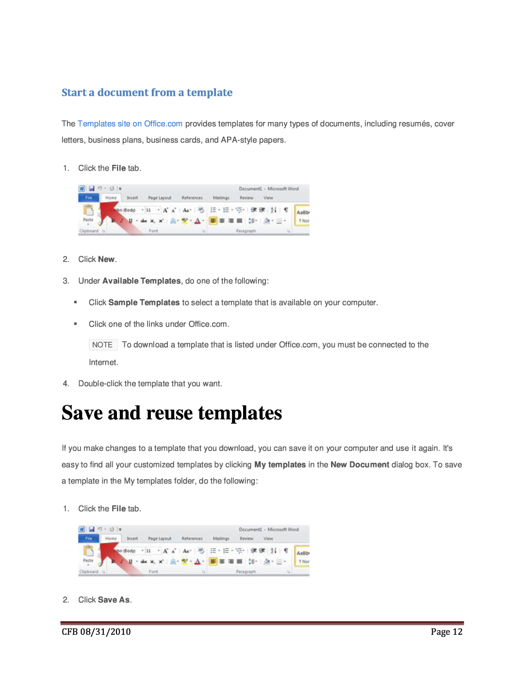 Microsoft T5D-00295, 79G-02020, 269-14457 Save and reuse templates, Start a document from a template, CFB 08/31/2010, Page 
