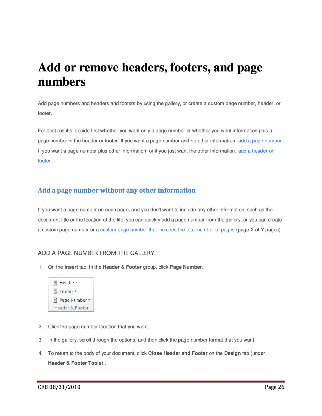 Microsoft 269-14457 Add or remove headers, footers, and page numbers, Add a page number without any other information 