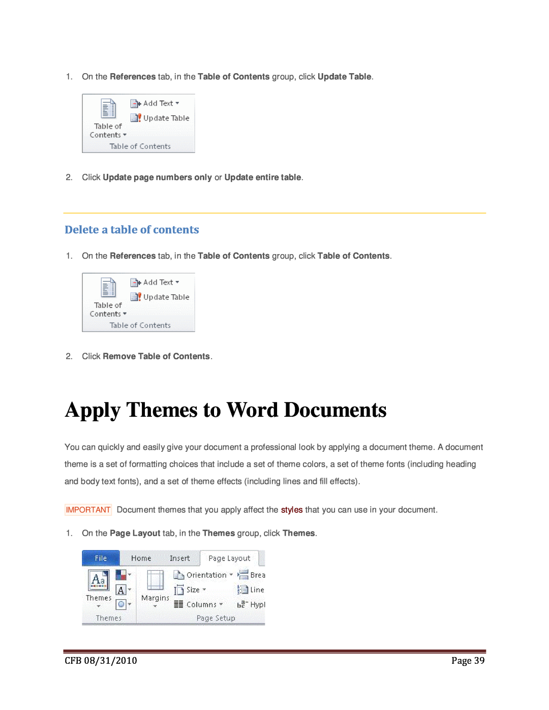 Microsoft 269-14834, T5D-00295, 79G-02020 Apply Themes to Word Documents, Delete a table of contents, CFB 08/31/2010, Page 