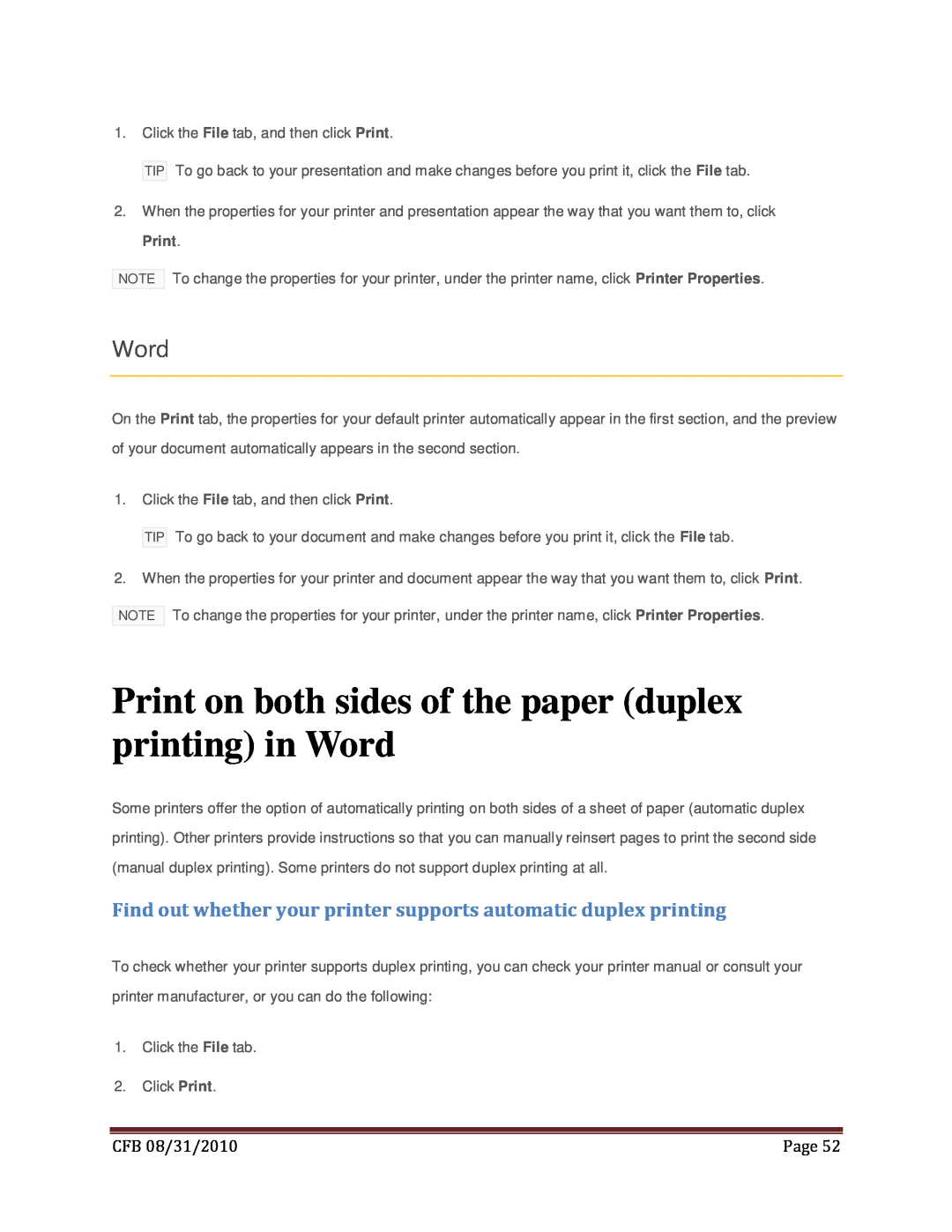 Microsoft T5D-00295, 79G-02020, 269-14457 Print on both sides of the paper duplex printing in Word, CFB 08/31/2010, Page 