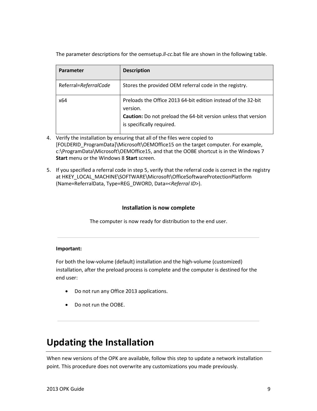 Microsoft 79G-03550, T5D-01575, 79G03550, 26916094 manual Updating the Installation, Parameter Description 