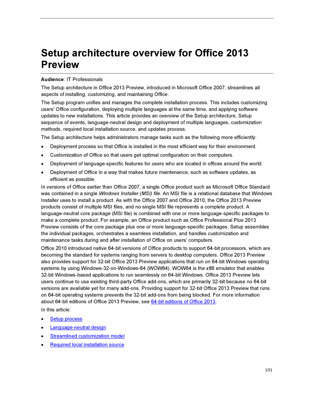 Microsoft T5D01575, 79G-03775 manual Setup architecture overview for Office 2013 Preview 