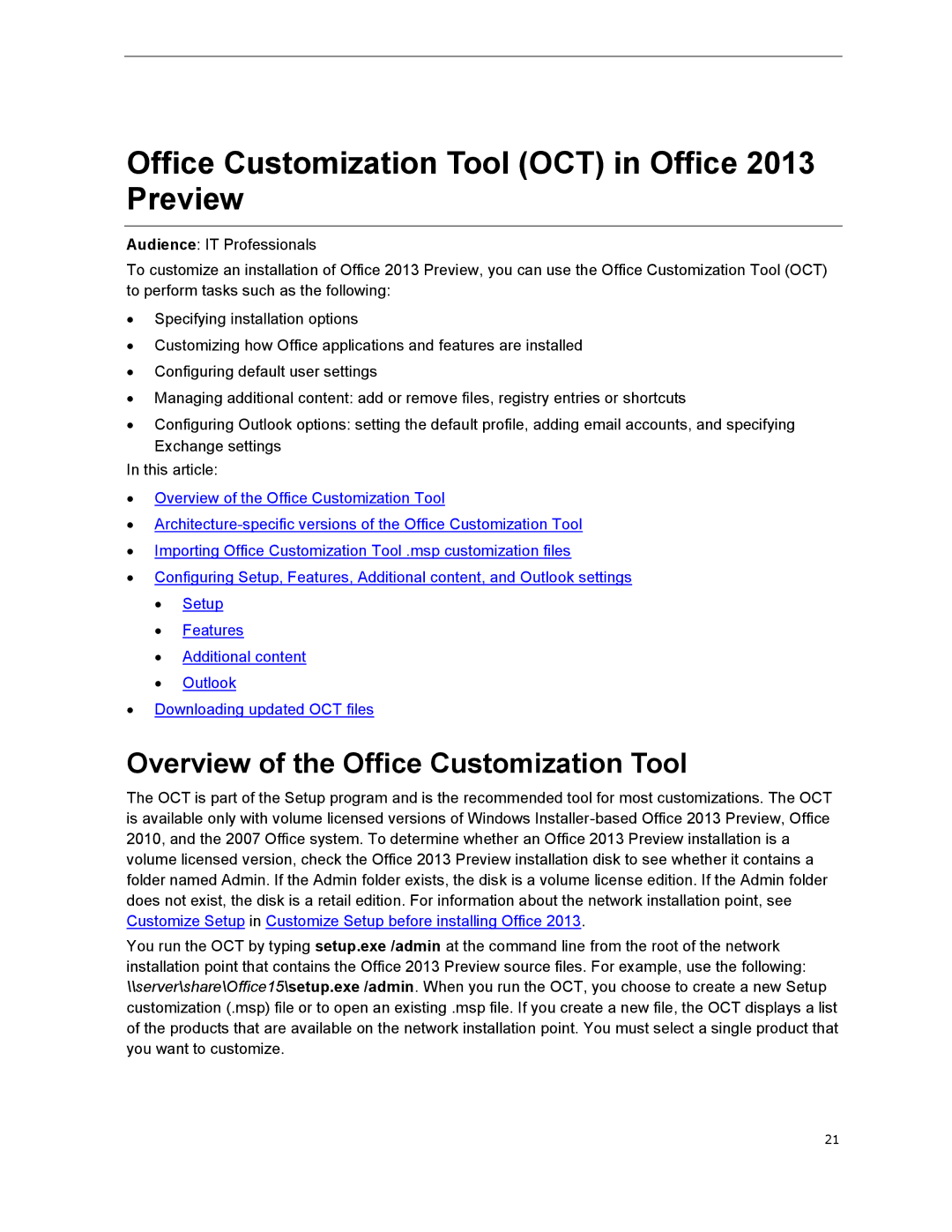 Microsoft T5D01575 manual Office Customization Tool OCT in Office 2013 Preview, Overview of the Office Customization Tool 