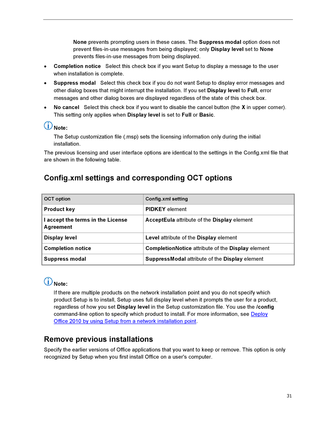 Microsoft T5D01575, 79G-03775 manual Config.xml settings and corresponding OCT options, Remove previous installations 