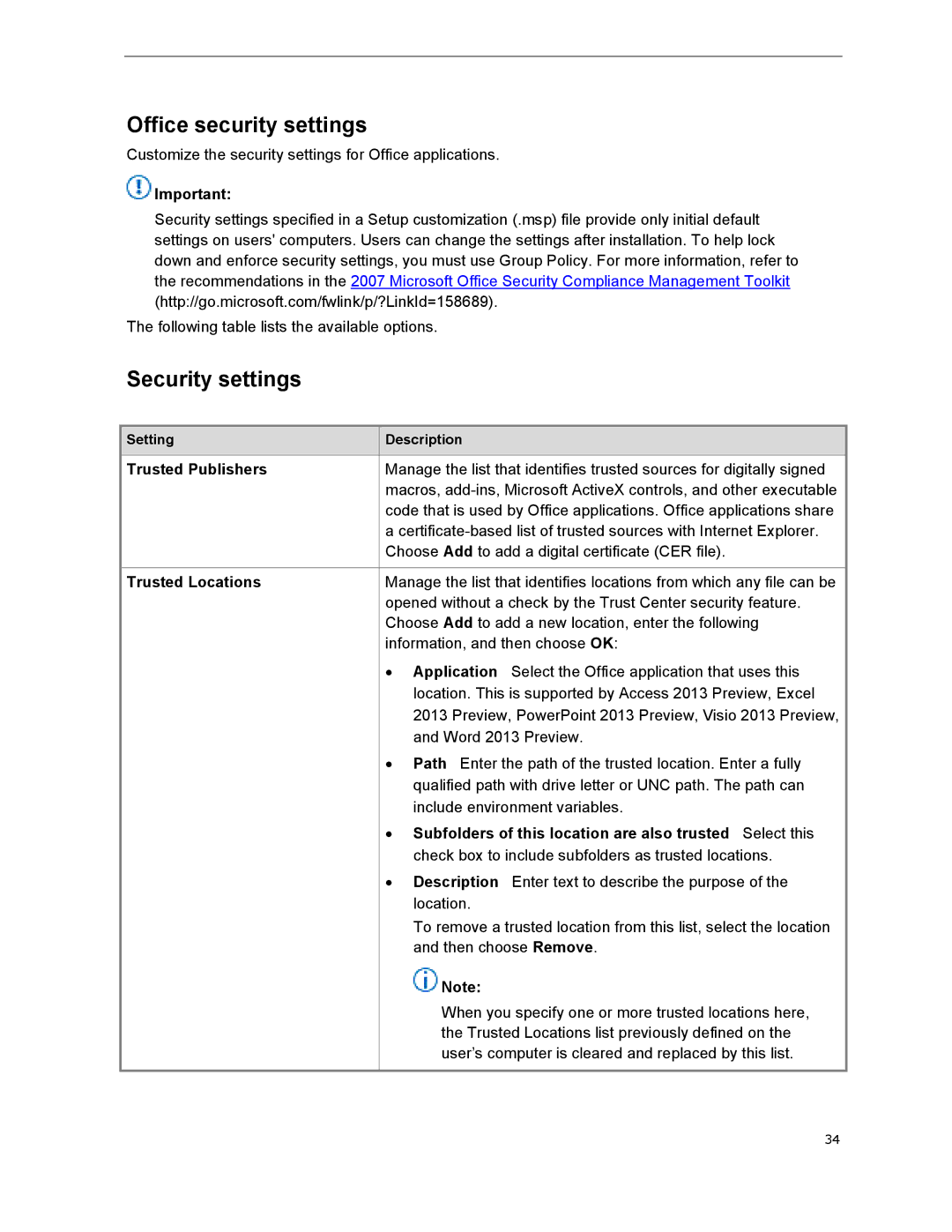 Microsoft 79G-03775, T5D01575 manual Office security settings, Security settings, Trusted Publishers, Trusted Locations 