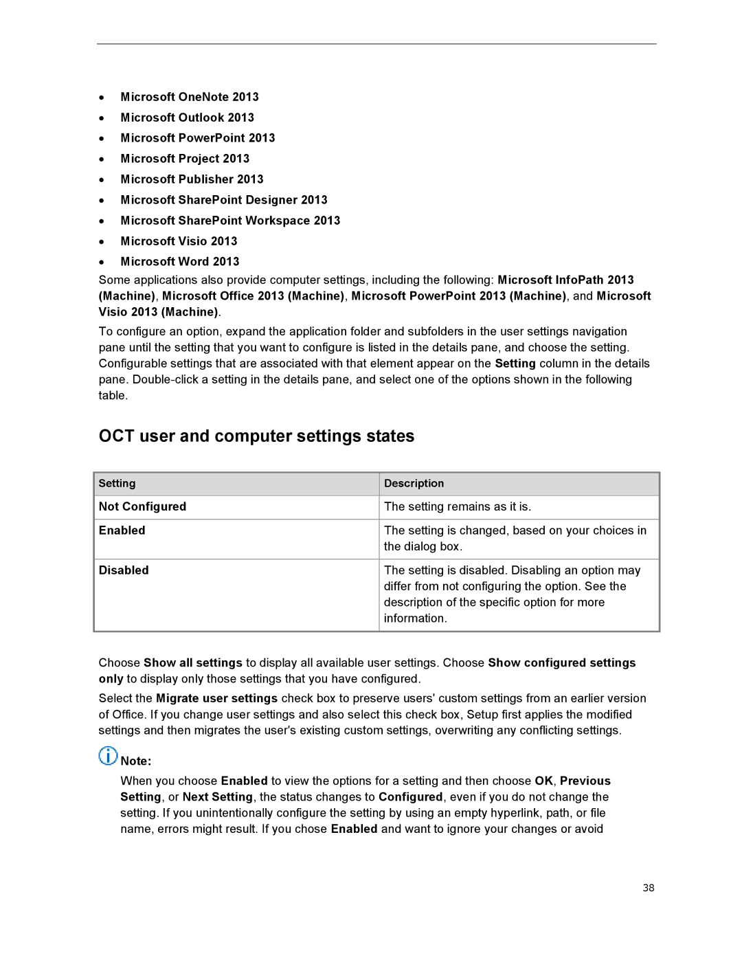 Microsoft 79G-03775, T5D01575 manual OCT user and computer settings states, Not Configured, Enabled, Disabled 