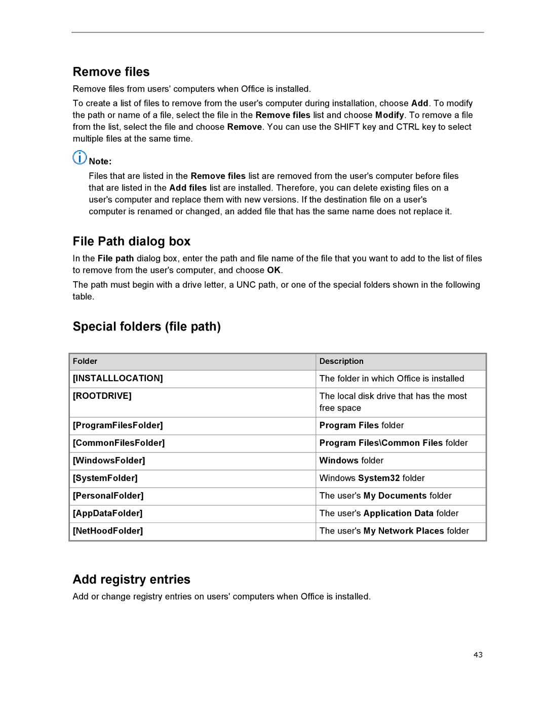 Microsoft T5D01575, 79G-03775 manual Remove files, File Path dialog box, Special folders file path, Add registry entries 