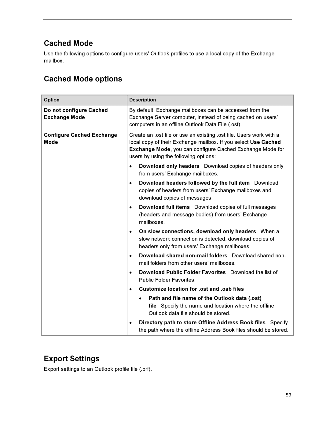 Microsoft T5D01575, 79G-03775 manual Cached Mode options, Export Settings 