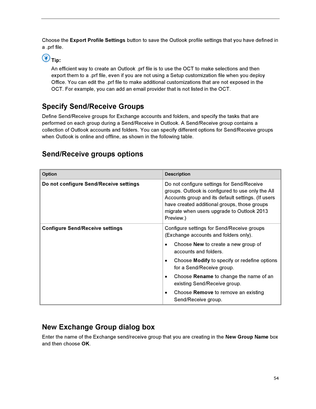 Microsoft 79G-03775, T5D01575 manual Specify Send/Receive Groups, Send/Receive groups options, New Exchange Group dialog box 