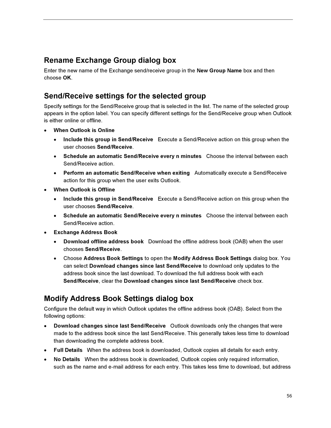 Microsoft 79G-03775 Rename Exchange Group dialog box, Modify Address Book Settings dialog box, ∙ When Outlook is Online 