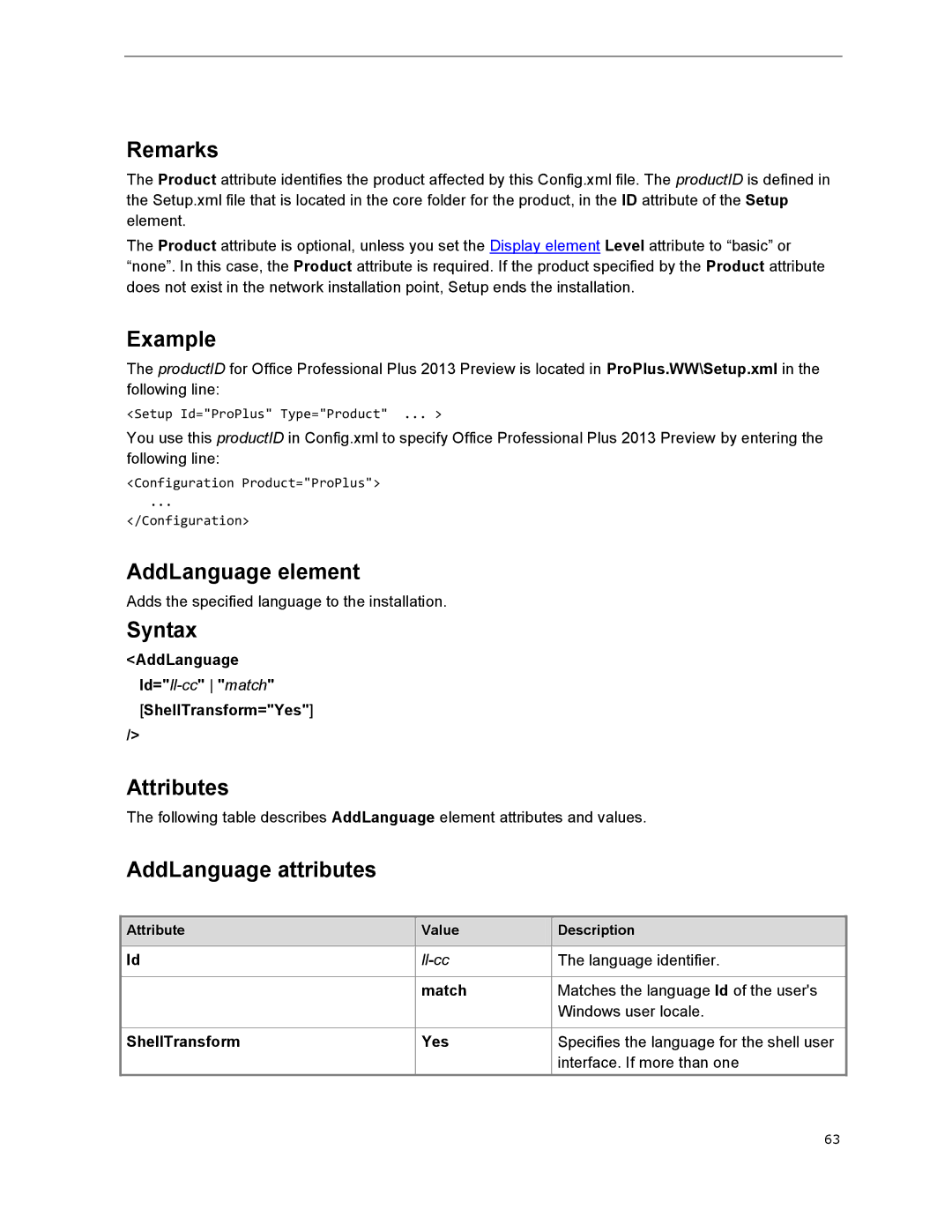 Microsoft T5D01575, 79G-03775 manual Remarks, Example, AddLanguage element, AddLanguage attributes 