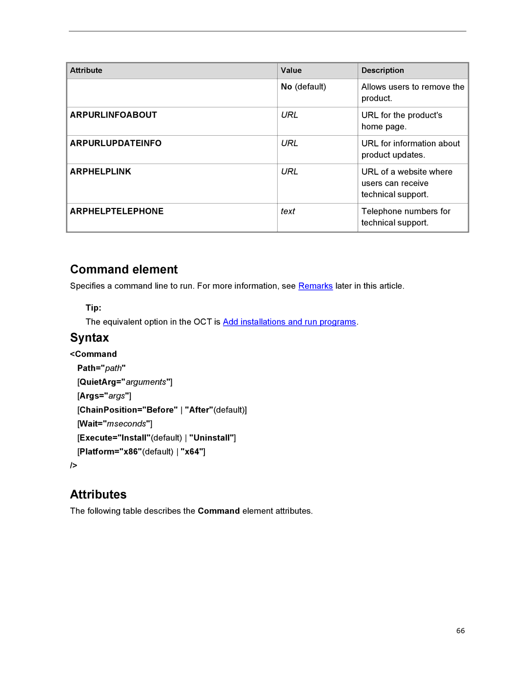 Microsoft 79G-03775, T5D01575 manual Command element, Execute=Installdefault Uninstall Platform=x86default 