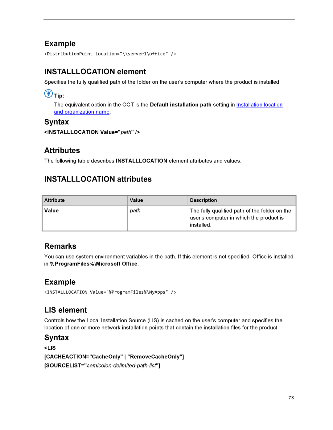 Microsoft T5D01575, 79G-03775 Installlocation element, Installlocation attributes, LIS element, Installlocation Value=path 