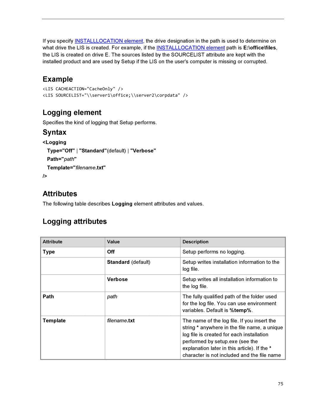 Microsoft T5D01575, 79G-03775 manual Logging element, Logging attributes 