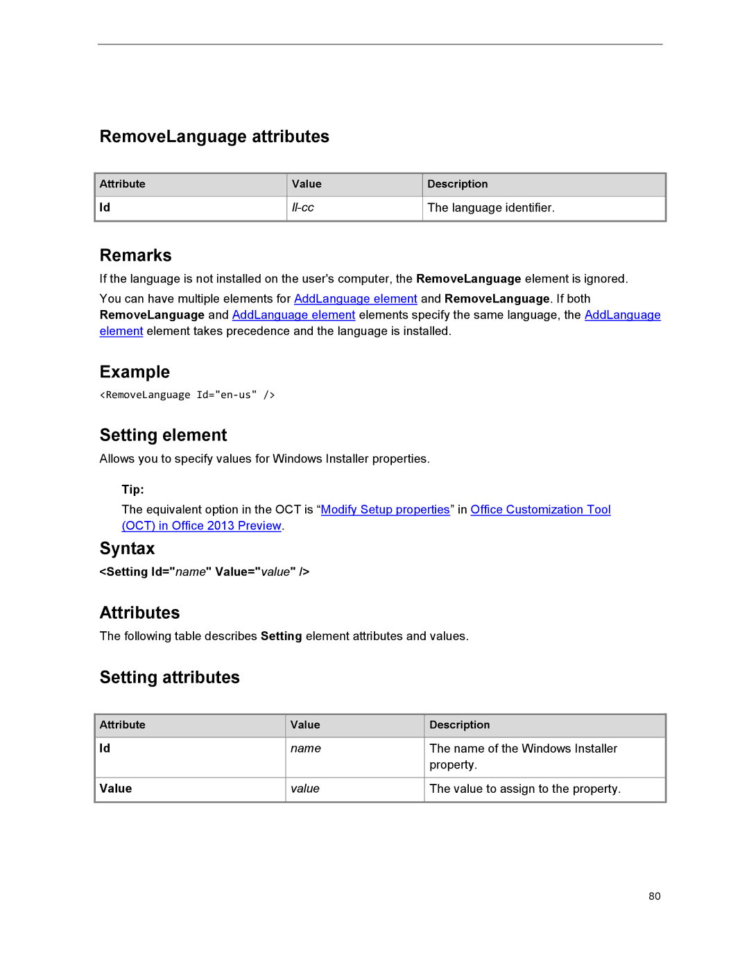 Microsoft 79G-03775, T5D01575 RemoveLanguage attributes, Setting element, Setting attributes, Setting Id=name Value=value 