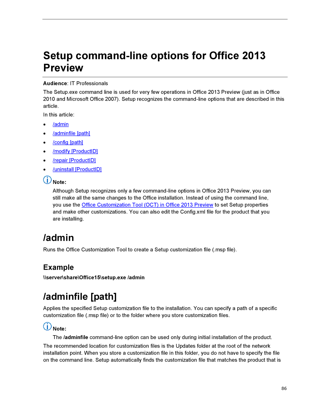 Microsoft 79G-03775, T5D01575 manual Setup command-line options for Office 2013 Preview, Adminfile path 