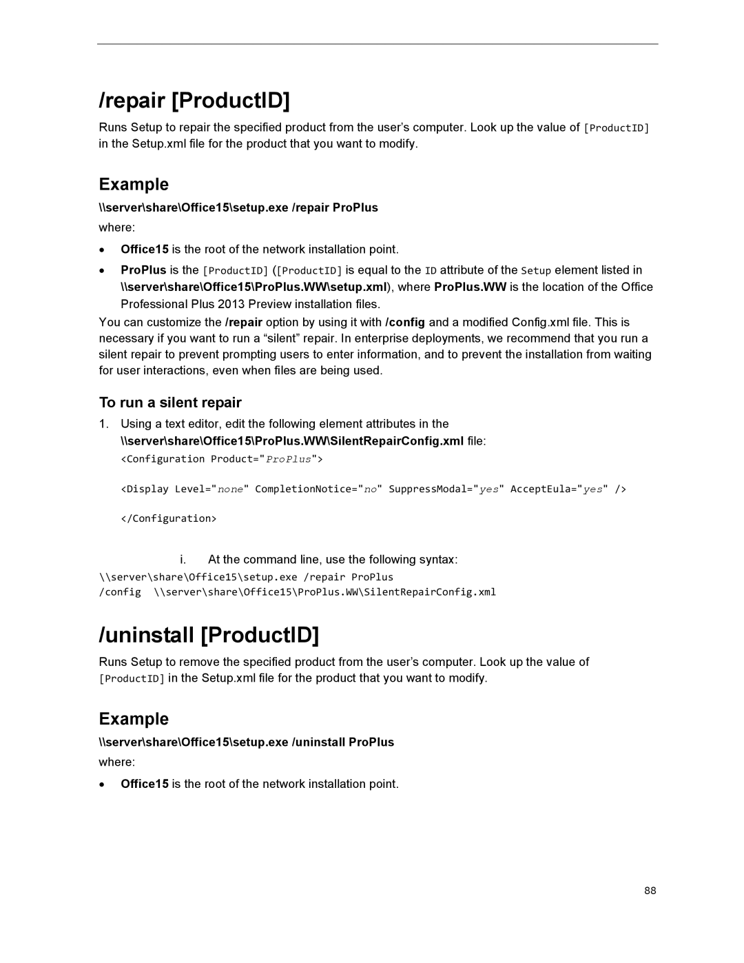 Microsoft 79G-03775, T5D01575 manual Repair ProductID, Uninstall ProductID, server\share\Office15\setup.exe /repair ProPlus 