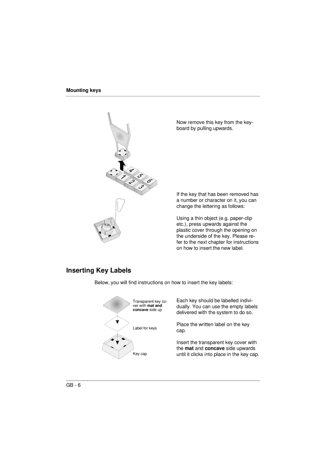 Microsoft TA61 manual Inserting Key Labels, Mounting keys 