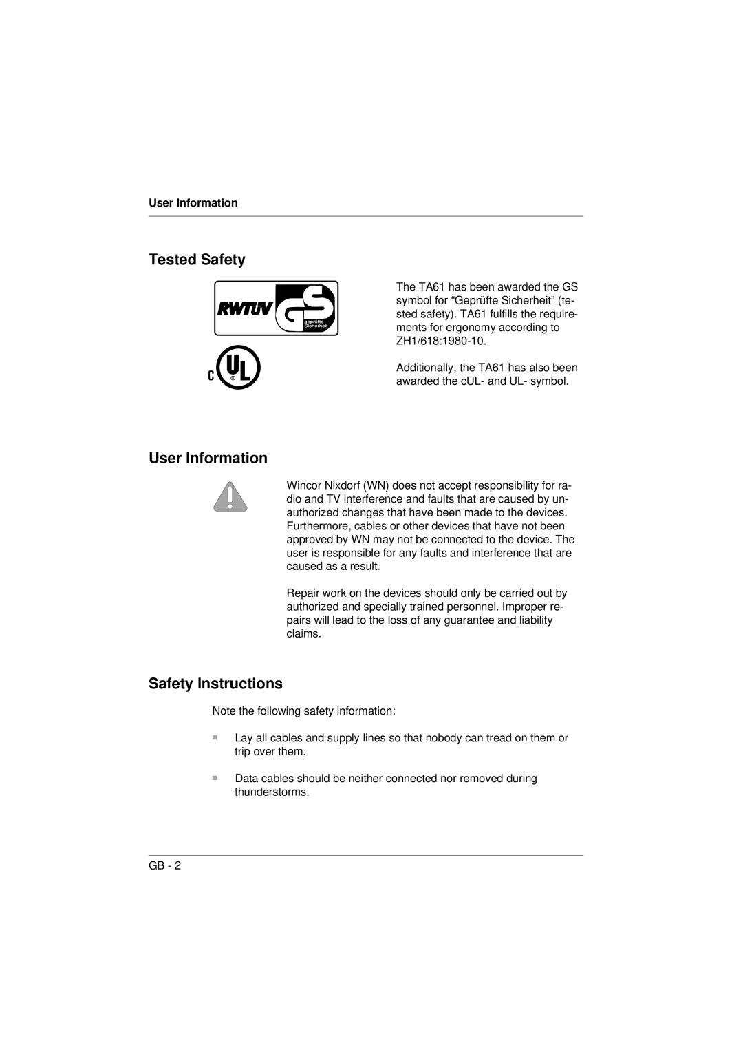 Microsoft TA61 manual Tested Safety, User Information, Safety Instructions 