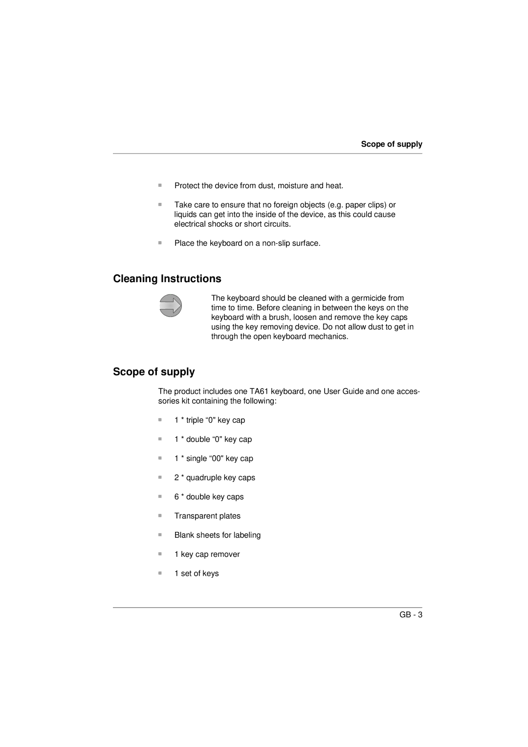 Microsoft TA61 manual Cleaning Instructions, Scope of supply 