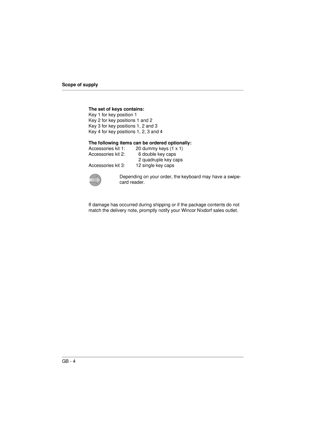 Microsoft TA61 manual Scope of supply Set of keys contains, Following items can be ordered optionally 