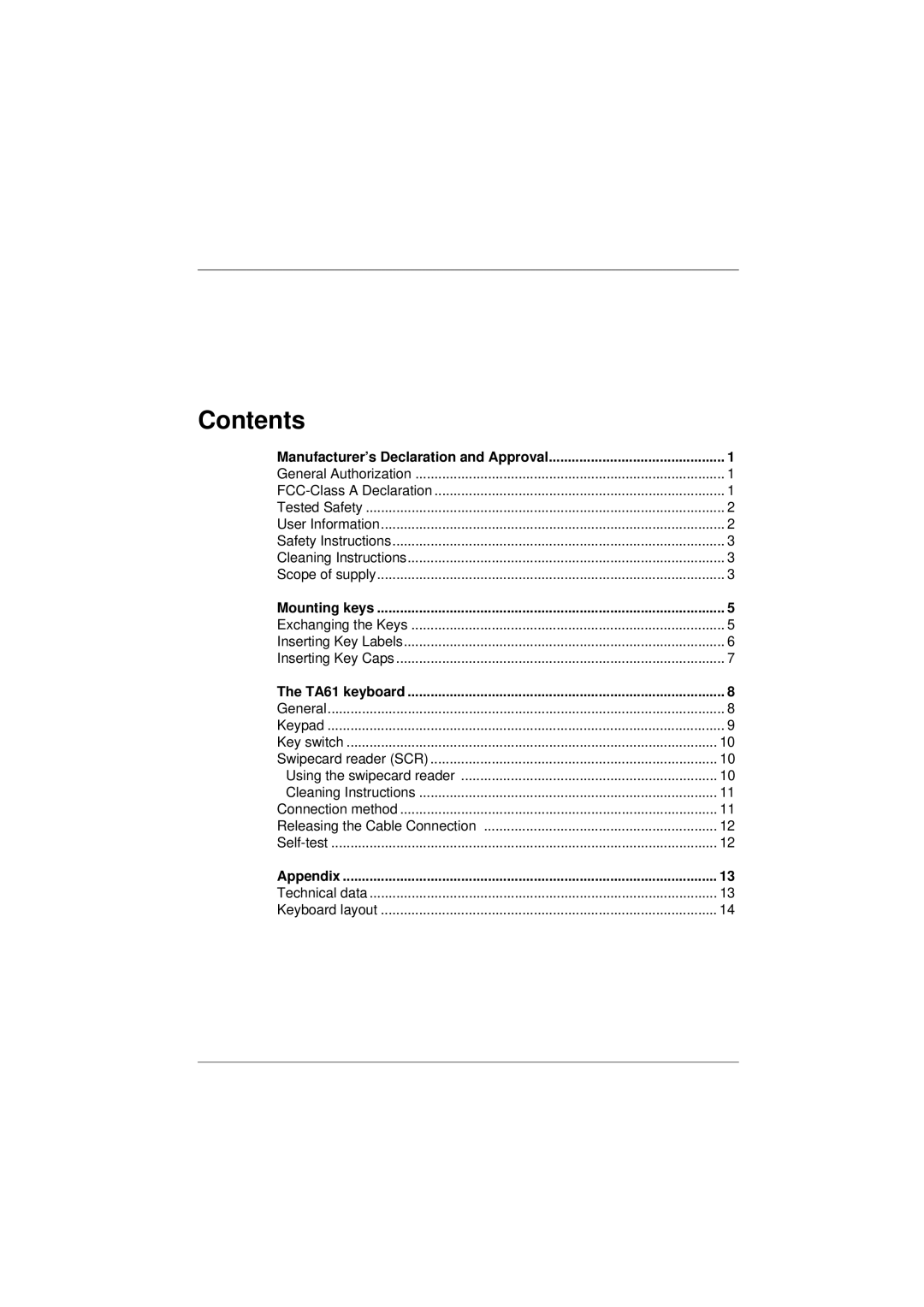 Microsoft TA61 manual Contents, Manufacturer’s Declaration and Approval, Key switch, Connection method, Self-test, Appendix 