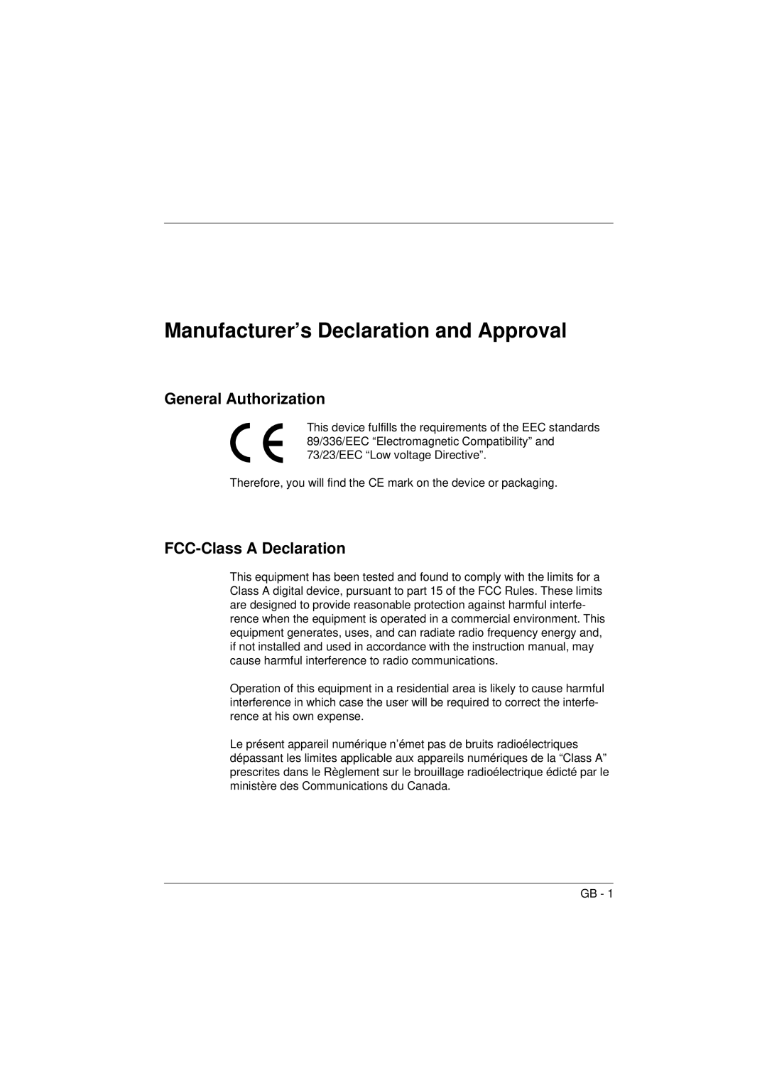 Microsoft TA61 manual Manufacturer’s Declaration and Approval, General Authorization, FCC-Class A Declaration 
