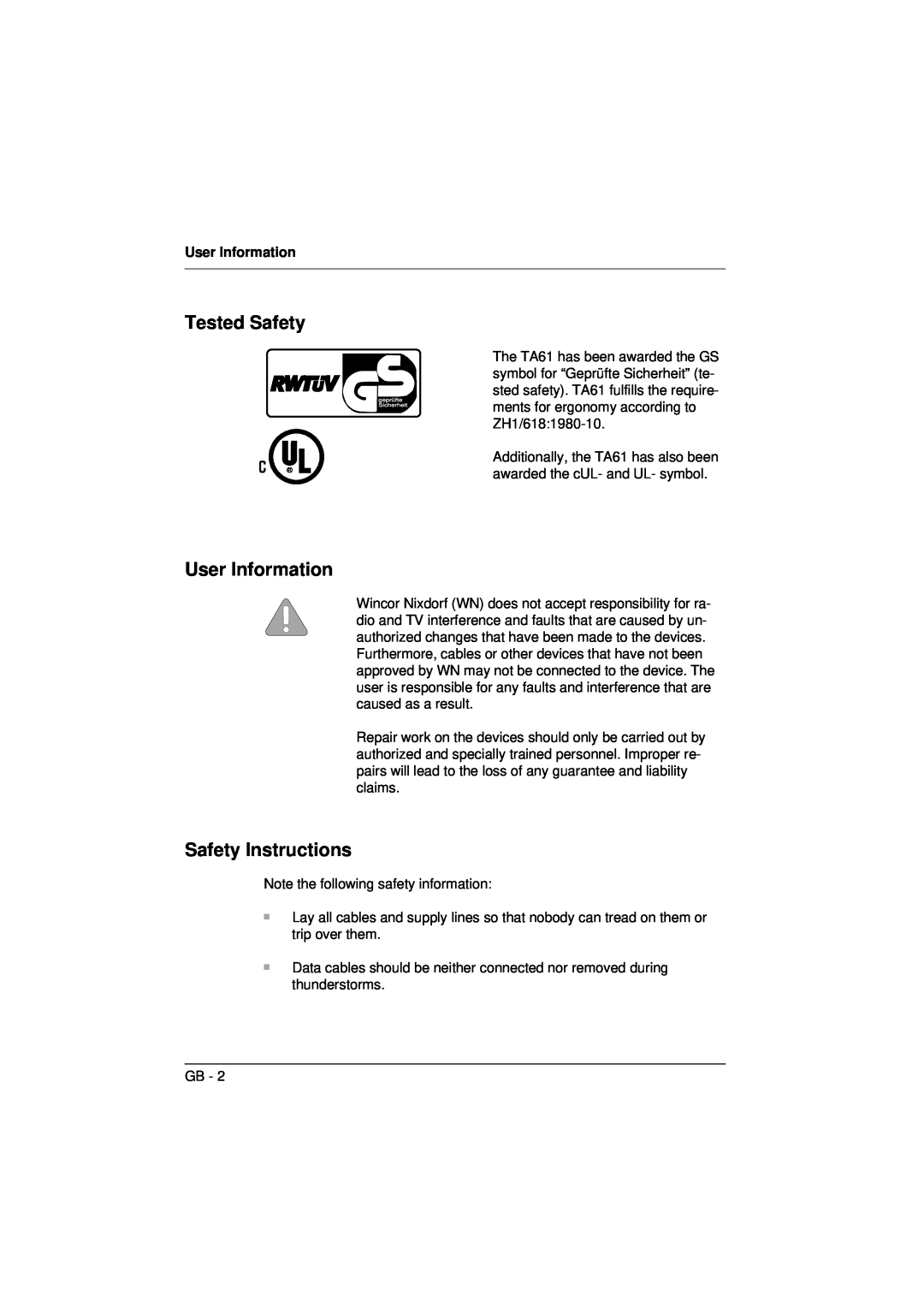 Microsoft TA61 manual Tested Safety, User Information, Safety Instructions 