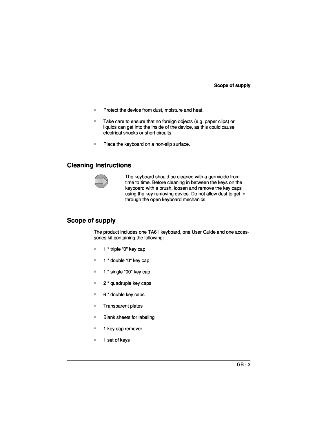 Microsoft TA61 manual Cleaning Instructions, Scope of supply 