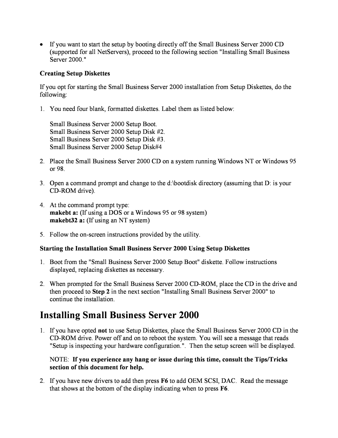 Microsoft LC2000, TC4100, E60, TC3100, E800 manual Installing Small Business Server 