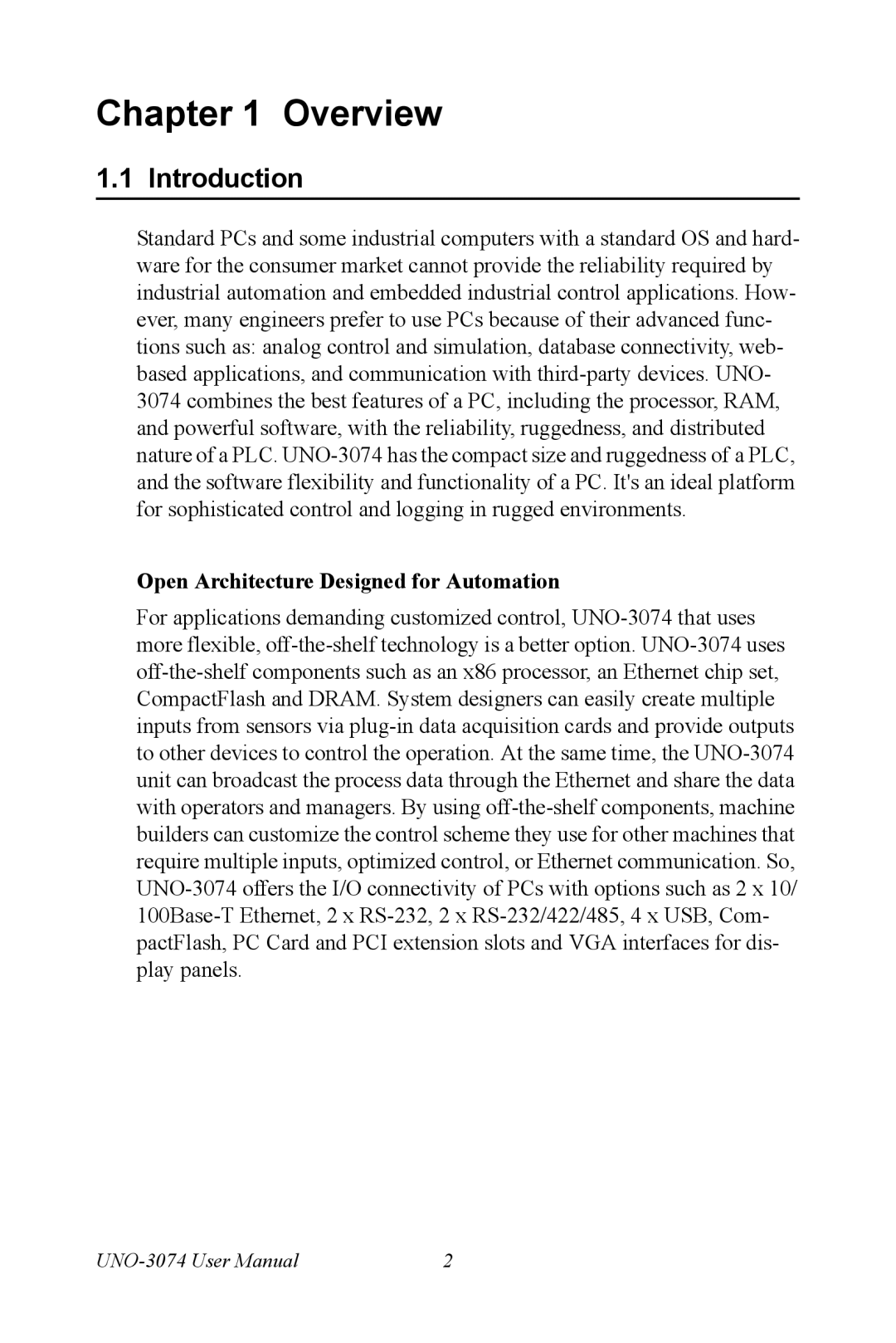 Microsoft UNO-3074 user manual Introduction, Open Architecture Designed for Automation 